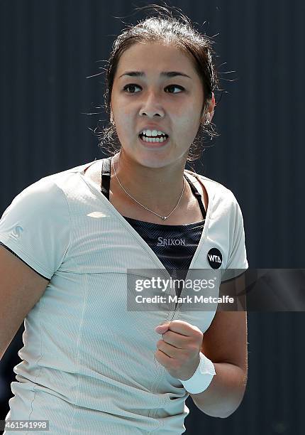 Zarina Diyas of Kazakhstan celebrates winning match point in her second round match against Daniela Hantuchova of Slovakia during day five of the...