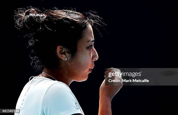 Zarina Diyas of Kazakhstan blows her fingers in her second round match against Daniela Hantuchova of Slovakia during day five of the Hobart...
