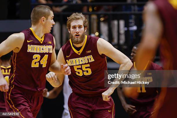 Elliott Eliason of the Minnesota Golden Gophers runs up the court during the game against the Purdue Boilermakers at Mackey Arena on December 31,...