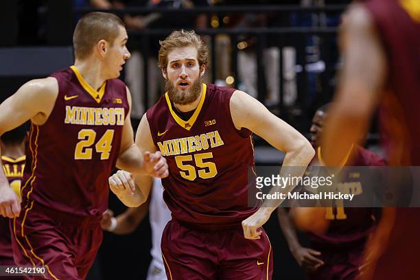 Elliott Eliason of the Minnesota Golden Gophers runs up the court during the game against the Purdue Boilermakers at Mackey Arena on December 31,...