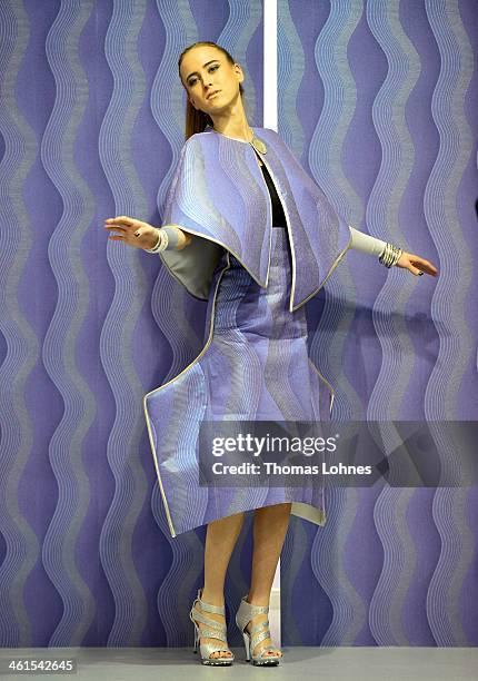 Model presents a wallpapapers outfit at the fair "Heimtextil 2014" on January 9, 2014 in Frankfurt am Main, Germany. Singer and Entertainer Dieter...