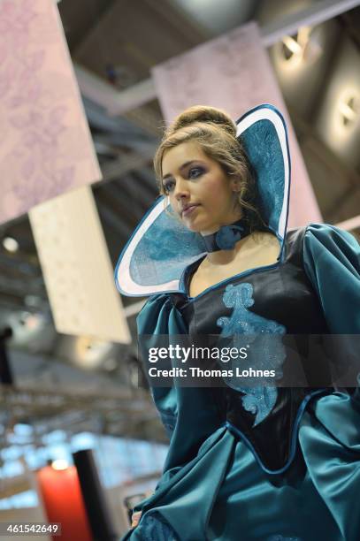 Models presents a wallpapapers outfit at the fair 'Heimtextil 2014' on January 9, 2014 in Frankfurt am Main, Germany. Singer and Entertainer Dieter...