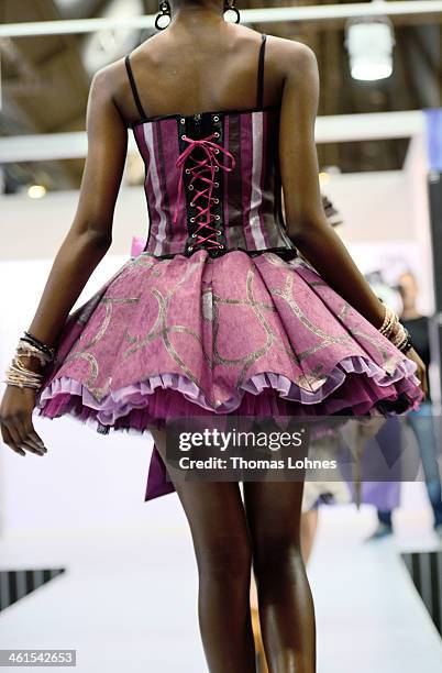 Model presents a wallpapapers outfit at the fair "Heimtextil 2014" on January 9, 2014 in Frankfurt am Main, Germany. Singer and Entertainer Dieter...