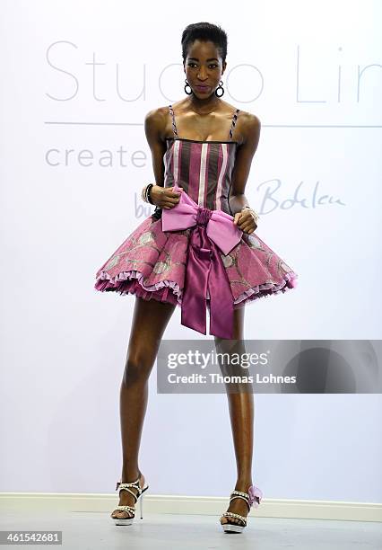 Models presents a wallpapapers outfit at the fair 'Heimtextil 2014' on January 9, 2014 in Frankfurt am Main, Germany. Singer and Entertainer Dieter...