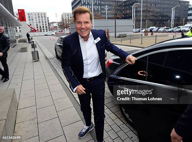 Singer and Entertainer Dieter Bohlen gets out of a car before he presents at the fair 'Heimtextil 2014' his wallpaper collection 'Studio Line' on...
