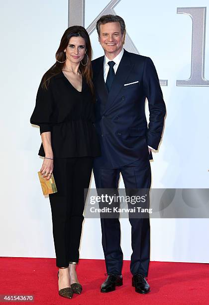 Livia Giuggioli and Colin Firth attend the World Premiere of "Kingsman: The Secret Service" at Odeon Leicester Square on January 14, 2015 in London,...