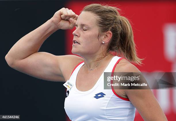 Karin Knapp of Italy celebrates winning match point in her second round match against Casey Dellacqua of Australia during day five of the Hobart...