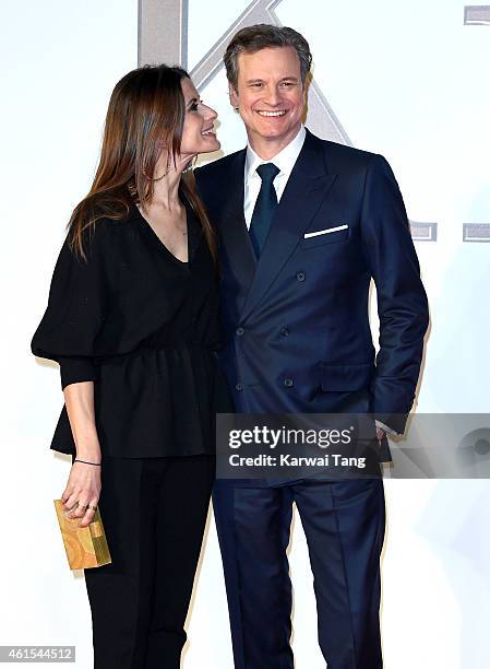 Livia Giuggioli and Colin Firth attend the World Premiere of "Kingsman: The Secret Service" at Odeon Leicester Square on January 14, 2015 in London,...