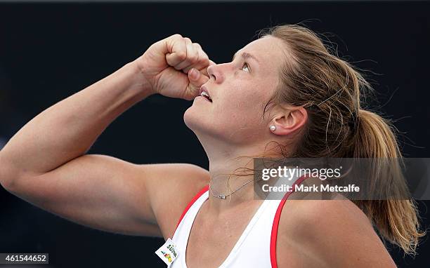 Karin Knapp of Italy celebrates winning match point in her second round match against Casey Dellacqua of Australia during day five of the Hobart...