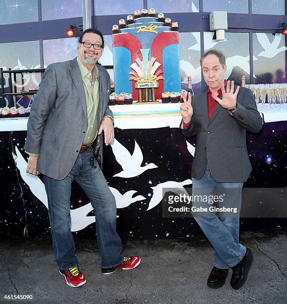 Penn Jillette and Teller of the comedy/magic team Penn & Teller attend the Rio Hotel & Casino's silver anniversary celebration at the Voodoo Lounge...