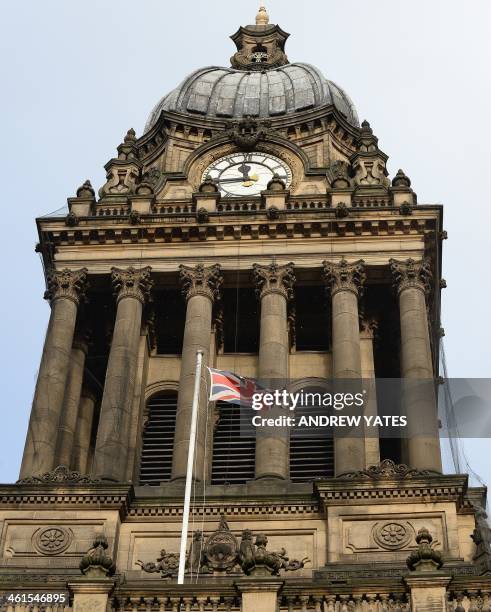 General view shows the tower on the top of Leeds Town Hall in Leeds, northwest England, on January 9, 2014. Leeds Town Hall was constructed in the...