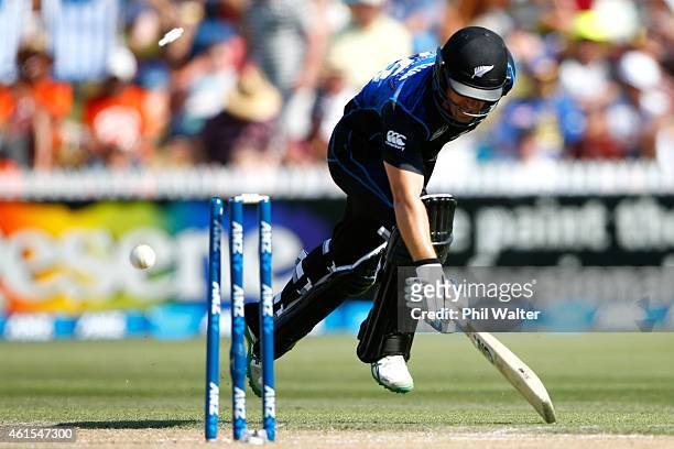 Nathan McCullum of New Zealand is run out during the One Day International match between New Zealand and Sri Lanka at Seddon Park on January 15, 2015...