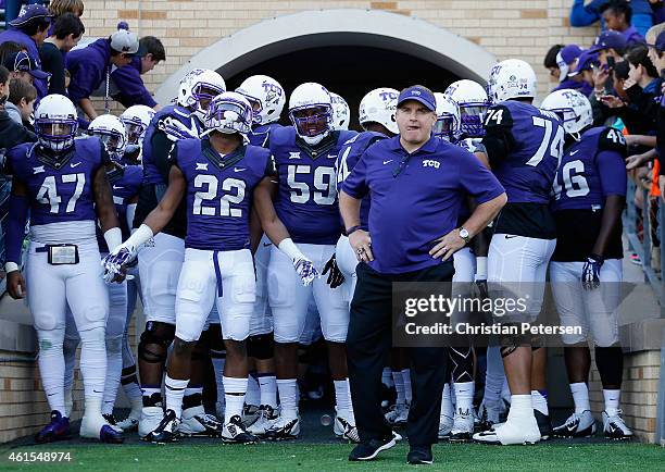 Head coach Gary Patterson of the TCU Horned Frogs leads his team onto the field before the Big 12 college football game against the Iowa State...