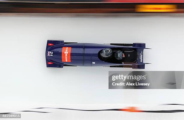 John Jackson and Bruce Tasker of Great Britain during a training run for the Men's Bobsleigh event at the Viessmann FIBT Bob & Skeleton World Cup at...