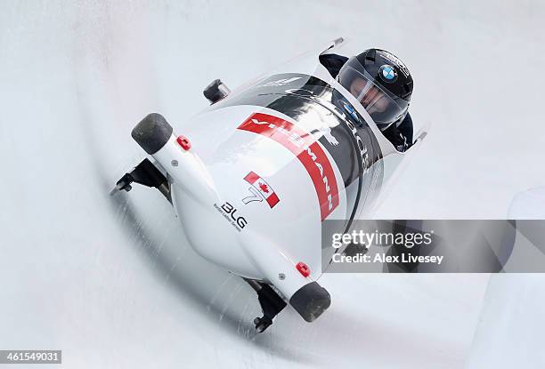 Lyndon Rush, Neville Wright, Lascelles Brown and Graeme Rinholm of Canada during a training run for the Men's Bobsleigh event at the Viessmann FIBT...