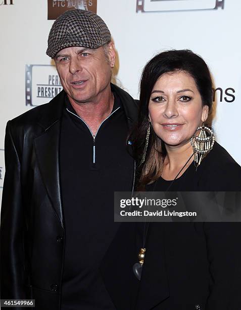 Actress Marina Sirtis and husband Michael Lamper attend the premiere of "Match" at the Laemmle Music Hall on January 14, 2015 in Beverly Hills,...
