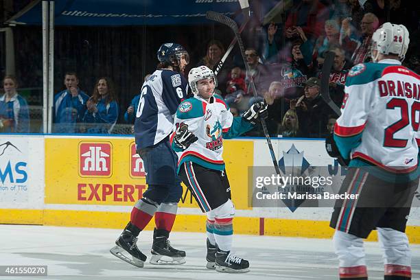 Dillon Dube of Kelowna Rockets celebrates his ninth goal of the season against the Tri City Americans on January 14, 2015 at Prospera Place in...