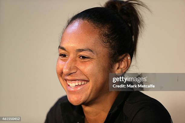 Heather Watson of Great Britain smiles as she speaks to the media after winning her quarter final match against Roberta Vinci of Italy during day...