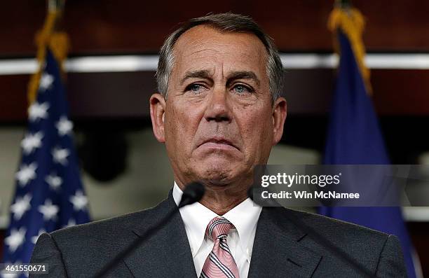 Speaker of the House John Boehner answers questions during his weekly press conference January 9, 2014 in Washington, DC. During his remarks Boehner...