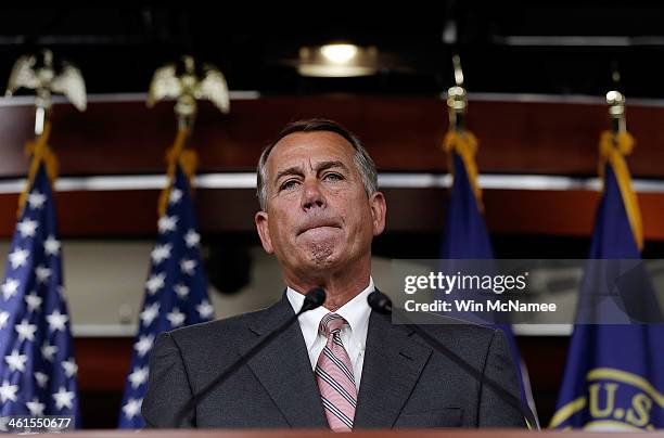 Speaker of the House John Boehner answers questions during his weekly press conference January 9, 2014 in Washington, DC. During his remarks Boehner...
