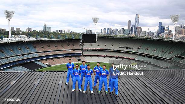 In this handout photo provided by SDP Media, members of the Indian cricket team Umesh Yadav, Rohit Sharma, R.Jadeja, Shikhar Dhawan, Ajinkya Rahane,...