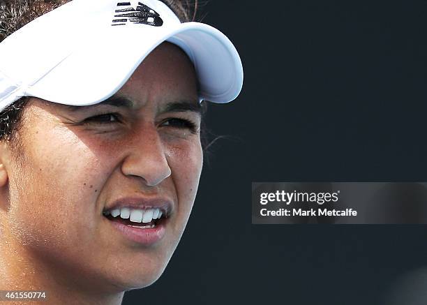 Heather Watson of Great Britain looks on during her quarter final match against Roberta Vinci of Italy during day five of the Hobart International at...