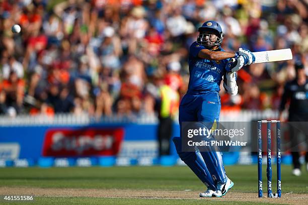 Tillakaratne Dilshan of Sri Lanka bats during the One Day International match between New Zealand and Sri Lanka at Seddon Park on January 15, 2015 in...