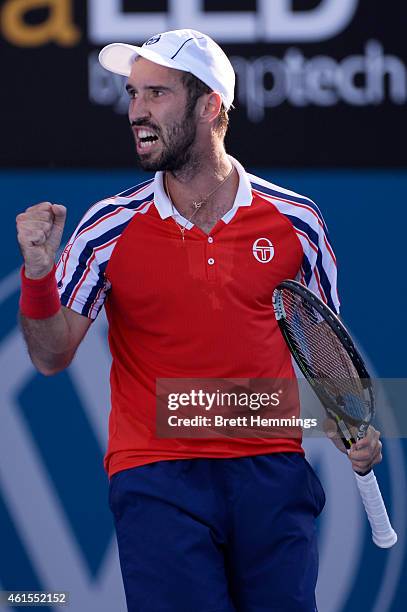 Mikhail Kukushkin of Kazakhstan celebrates after victory in his quarter final match against Juan Martin Del Potro of Argentina during day five of the...