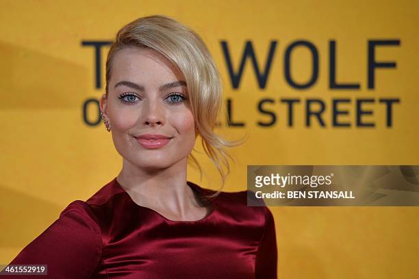 Australian actress Margot Robbie poses on the red carpet as she arrives to attend the UK premiere of film "The Wolf of Wall Street" in central London...