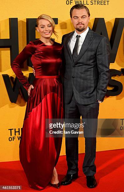 Leonardo DiCaprio and Margot Robbie attend the UK Premiere of "The Wolf Of Wall Street" at Odeon Leicester Square on January 9, 2014 in London,...