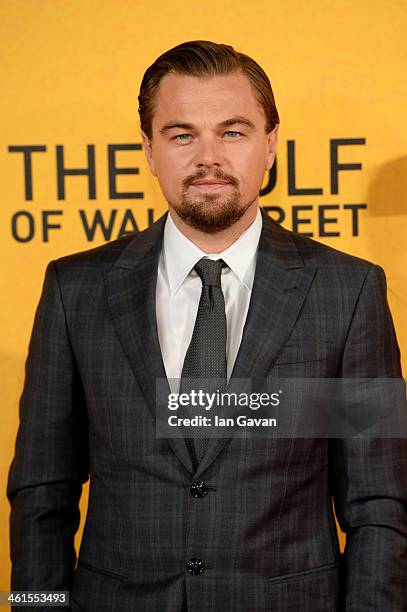 Leonardo DiCaprio attends the UK Premiere of "The Wolf Of Wall Street" at Odeon Leicester Square on January 9, 2014 in London, England.