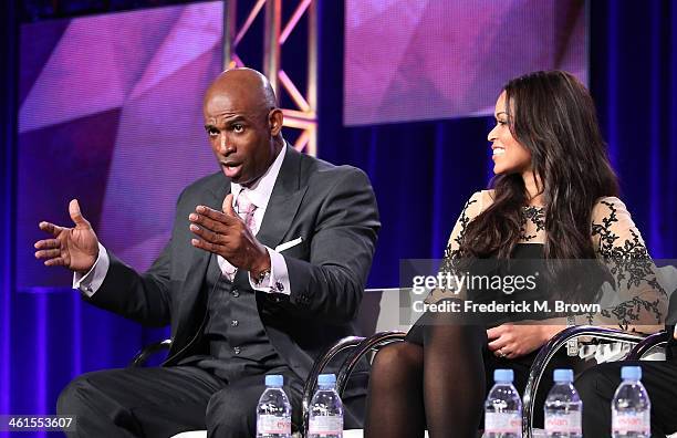 Deion Sanders, Talent and Executive Producer and Tracey Edmonds, Talent and Executive Producer speak onstage during the 'OWN: Oprah Winfrey Network -...