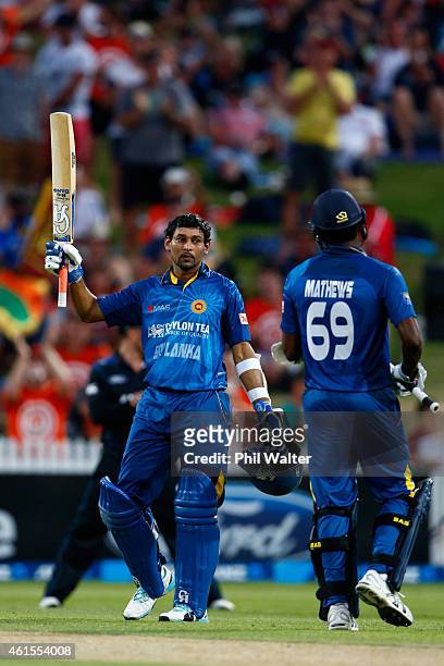 Tillakaratne Dilshan of Sri Lanka celebrates his century during the One Day International match between New Zealand and Sri Lanka at Seddon Park on...