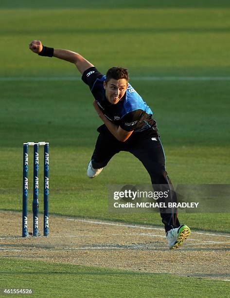 New Zealand's Trent Boult bowls during the one-day international cricket match between New Zealand and Sri Lanka at Seddon Park in Hamilton on...