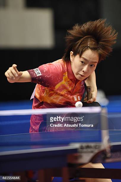 Kasumi Ishikawa of Japan competes in the Women's Singles during the day four of All Japan Table Tennis Championships 2015 at Tokyo Metropolitan...