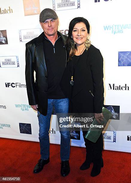 Actress Marina Sirtis and musician/husband Michael Lampert arrive for the Premiere Of "Match" held at Laemmle Music Hall on January 14, 2015 in...