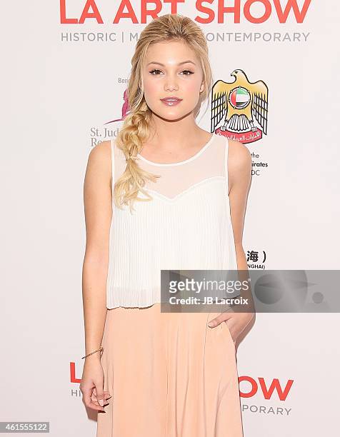 Olivia Holt attends the LA Art Show 2015 Opening Night Premiere Party at the Los Angeles Convention Center on January 14, 2015 in Los Angeles,...