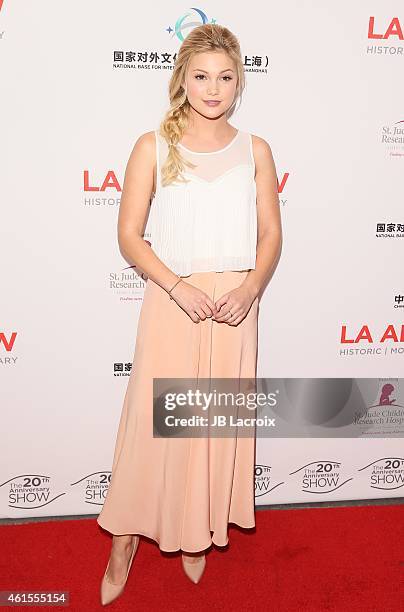 Olivia Holt attends the LA Art Show 2015 Opening Night Premiere Party at the Los Angeles Convention Center on January 14, 2015 in Los Angeles,...