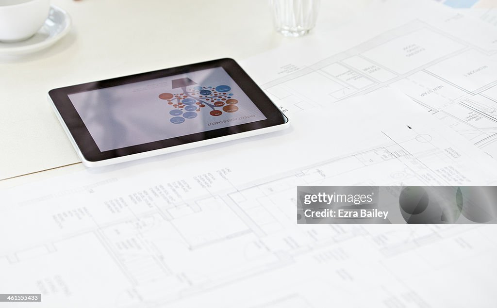 Digital tablet on a white table