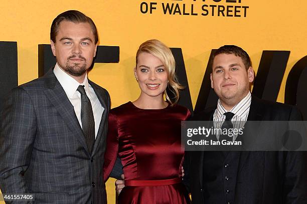 Actors Leonardo DiCaprio, Margot Robbie and Jonah Hill attend the UK Premiere of The Wolf of Wall Street at London's Leicester Square on January 9,...