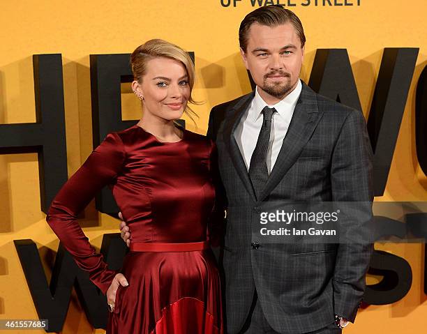 Actors Leonardo DiCaprio and Margot Robbie attend the UK Premiere of The Wolf of Wall Street at London's Leicester Square on January 9, 2014 in...
