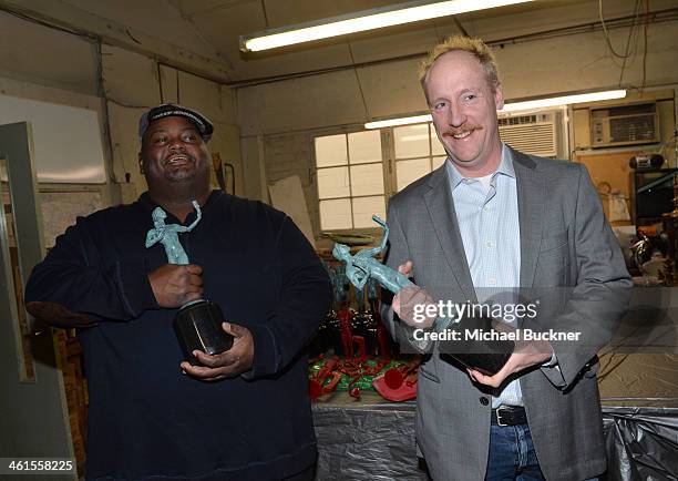 Comedians Lavell Crawford and Matt Walsh attend the pouring of The Actor Statuette at American Fine Arts Foundry on January 9, 2014 in Burbank,...