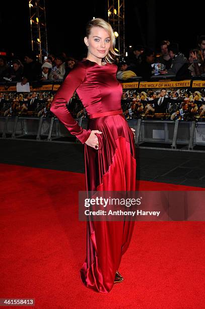 Actress Margot Robbie attends the UK Premiere of The Wolf of Wall Street at London's Leicester Square on January 9, 2014 in London, England.