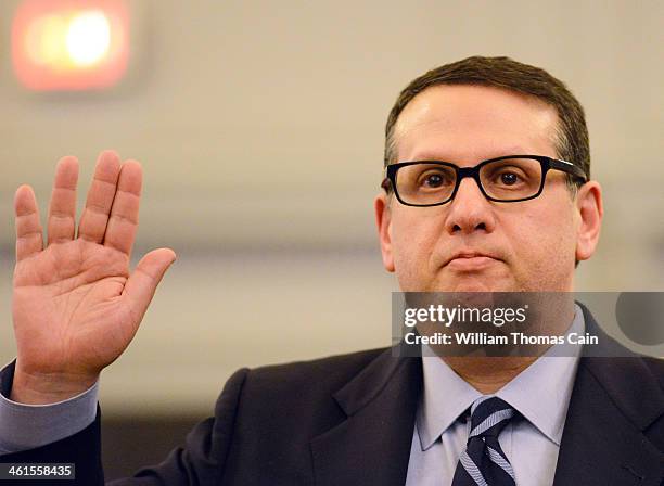 David Wildstein, former director of interstate capital projects for the Port Authority is sworn in to testify at a hearing held by the Assembly...