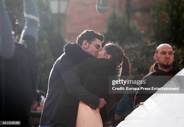Actress Sara Salamo and actor Cesar Mateo are seen on the set filming of Tv serie 'B&B' on December 17, 2014 in Madrid, Spain.