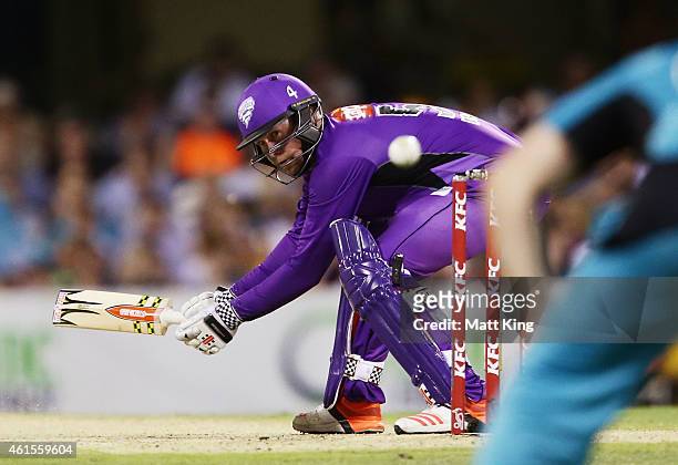 Ben Dunk of the Hurricanes nicks a ball to be caught by wicketkeeper Jimmy Pierson of the Heat during the Big Bash League match between the Brisbane...