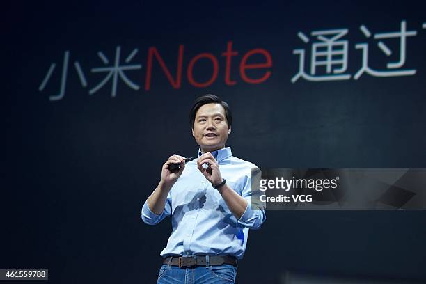 Lei Jun, chairman and CEO of China's Xiaomi Inc. Presents the company's new product, the Mi Note on January 15, 2015 in Beijing, China. China's...