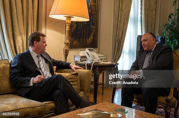 Canadian Foreign Minister John Baird meets with Egyptian Foreign Minister Sameh Shoukry in Cairo, Egypt on January 15, 2015.