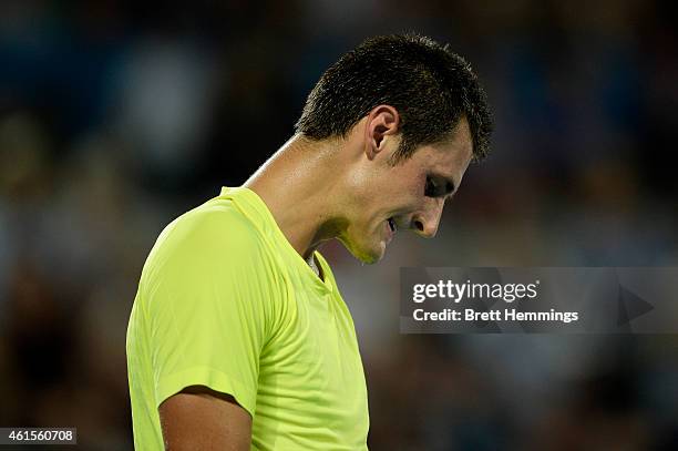 Bernard Tomic of Australia shows his dejection in his semi final round match against Gilles Muller of Luxembourg during day five of the Sydney...