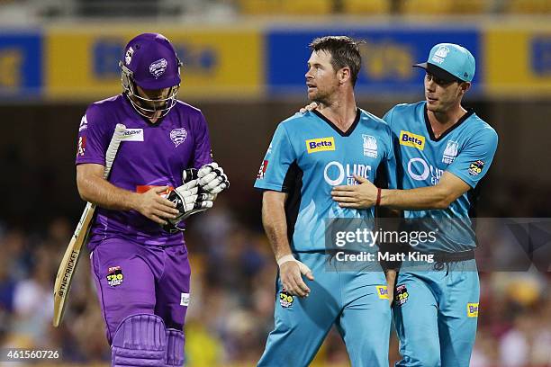 Dan Christian of the Heat celebrates taking the wicket of Michael Hill of the Hurricanes during the Big Bash League match between the Brisbane Heat...